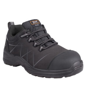 Dark gray safety boot with reinforced toe, sturdy sole, and laced closure.
