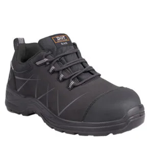 Dark gray safety boot with reinforced toe, sturdy sole, and laced closure.