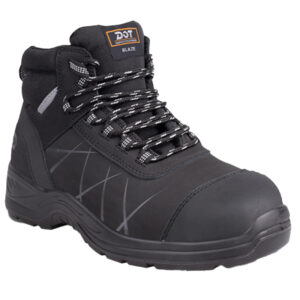 Black hiking boot with gray stitching and chunky tread, laced up for outdoor use (model: Blaze)