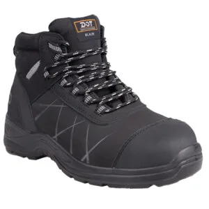 Black hiking boot with gray stitching and chunky tread, laced up for outdoor use (model: Blaze)
