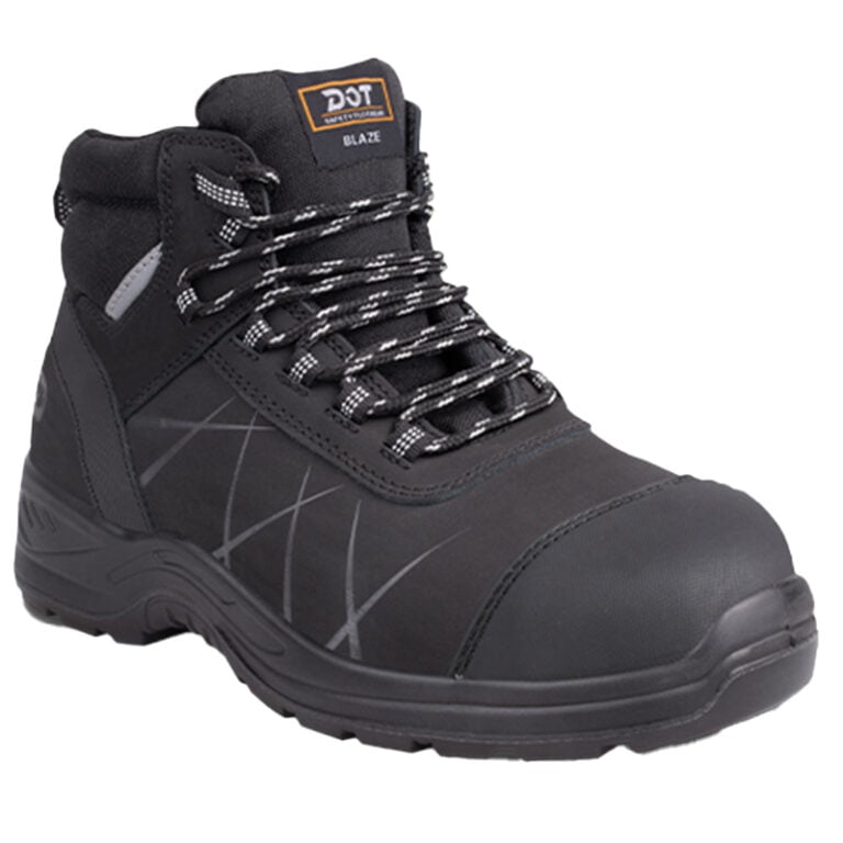 Black hiking boot with gray stitching and chunky tread, laced up for outdoor use (model: Blaze)