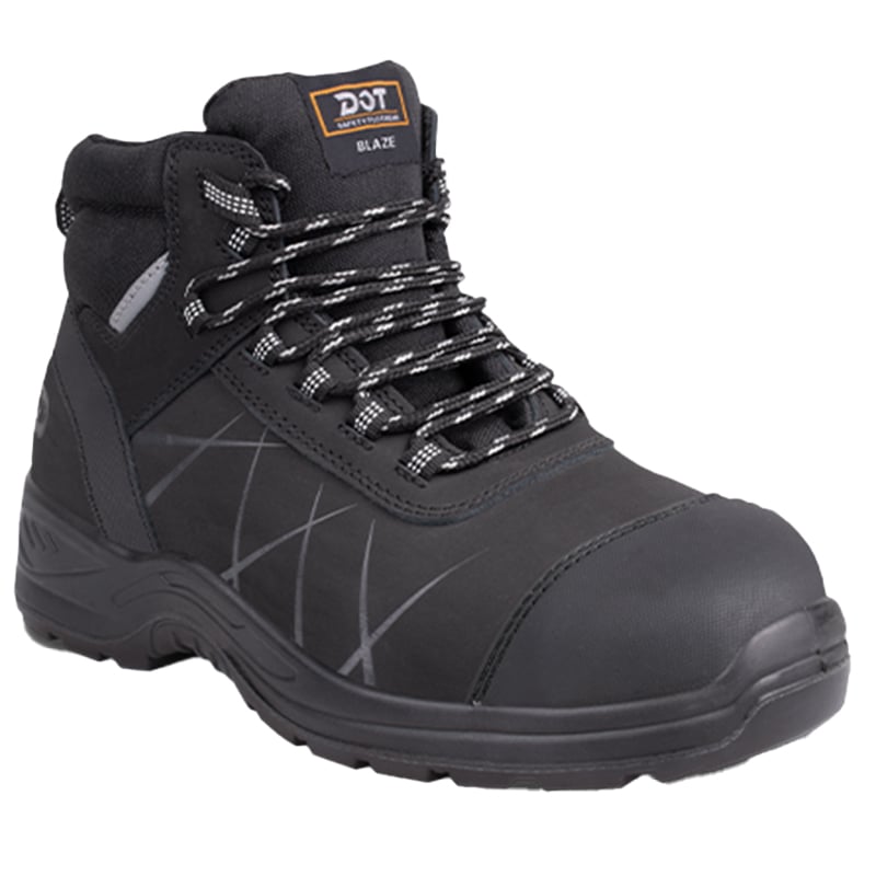 Black Hiking Boot with Gray Stitching and Chunky Tread Laced Up for Outdoor Use Model Blaze