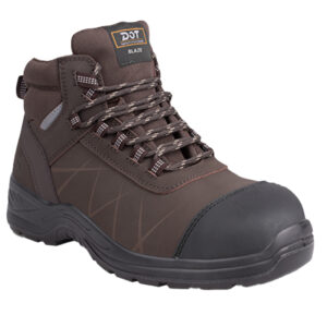 Brown safety boot with reinforced toe, rugged outsole, and patterned laces, shown in a side-angle view.