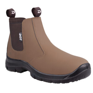 Tan slip-on work boot with black elastic side panels and rugged sole, a protective safety boot for work environments.