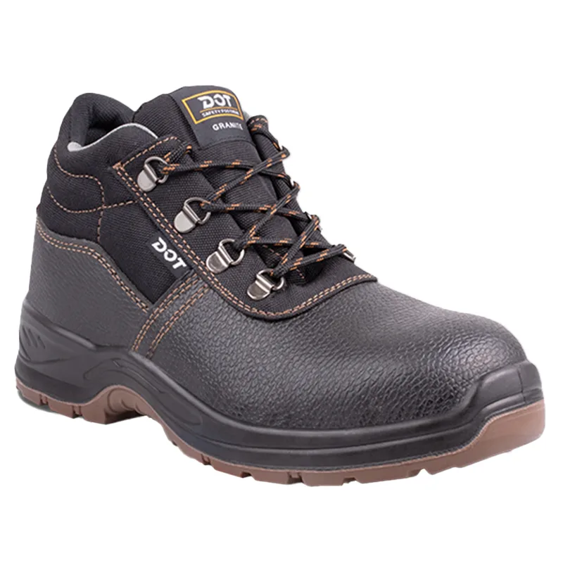 1 | Securadeal Black Dot Safety Work Boot in Black Leather with Orange Stitching and Metal Eyelets Rugged Tread Sole Visible for Protection on Site