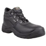 Black Durable Safety Boot with Thick Tread and Metal Eyelets Brand Dot on Side and Tongue Label Showing mercury Ultra or Similar