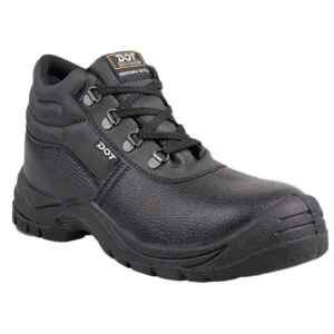 Black durable safety boot with thick tread and metal eyelets, brand DOT on side and tongue label showing 'Mercury Ultra' or similar.