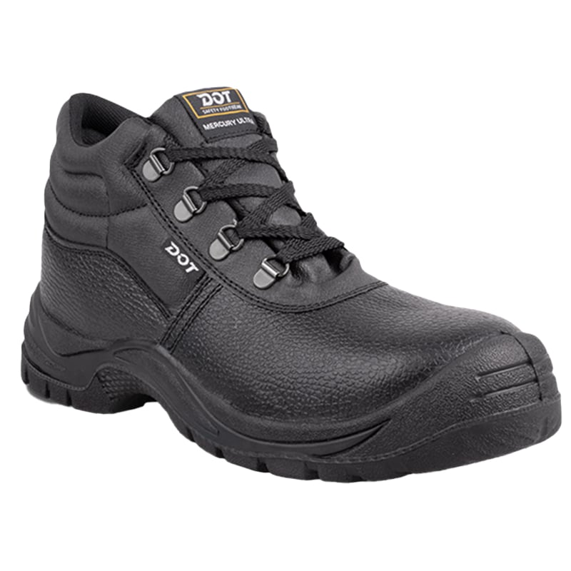 Black Durable Safety Boot with Thick Tread and Metal Eyelets Brand Dot on Side and Tongue Label Showing Mercury Ultra or Similar