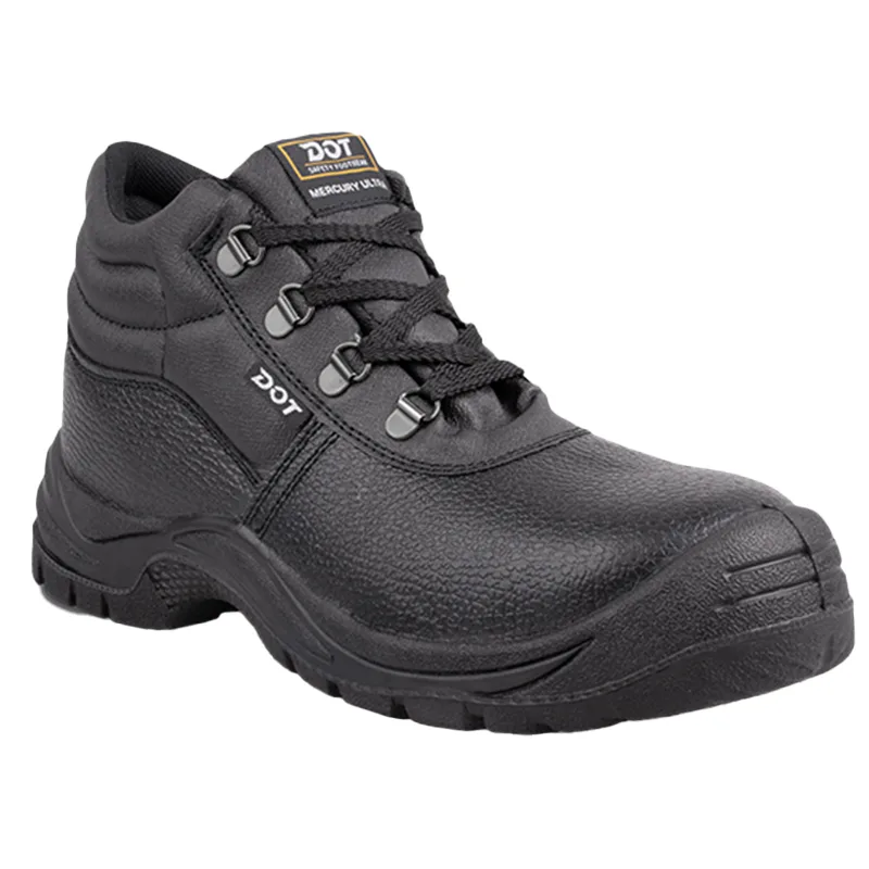Black Durable Safety Boot with Thick Tread and Metal Eyelets Brand Dot on Side and Tongue Label Showing mercury Ultra or Similar