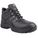 Black Leather Safety Boot with Metal Eyelets Padded Collar and Rugged Tread for Industrial Work Environments