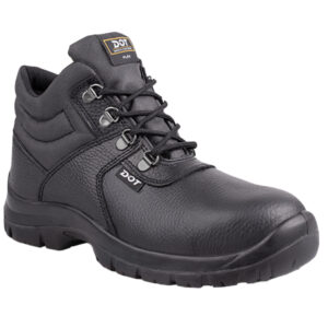 Black leather safety boot with metal eyelets, padded collar, and rugged tread for industrial work environments.
