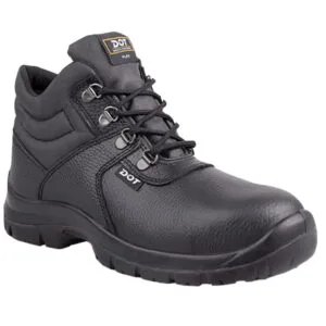Black leather safety boot with metal eyelets, padded collar, and rugged tread for industrial work environments.