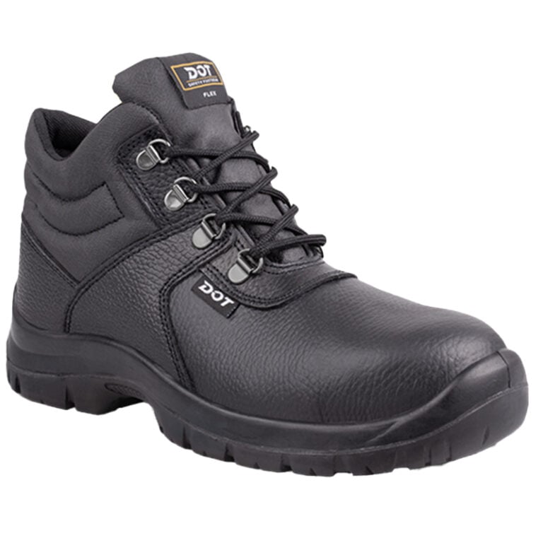 Black leather safety boot with metal eyelets, padded collar, and rugged tread for industrial work environments.