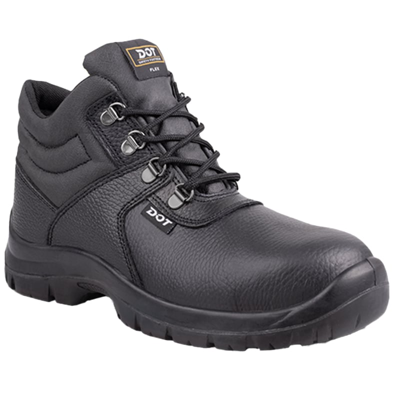 Black Leather Safety Boot with Metal Eyelets Padded Collar and Rugged Tread for Industrial Work Environments