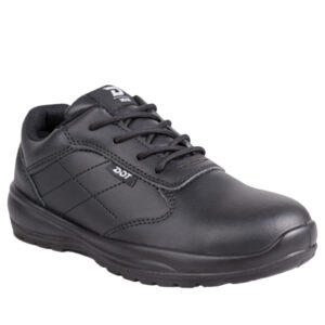 Black leather lace-up work shoe with padded collar and rugged sole
