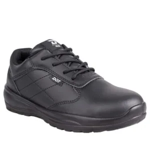 Black leather lace-up work shoe with padded collar and rugged sole