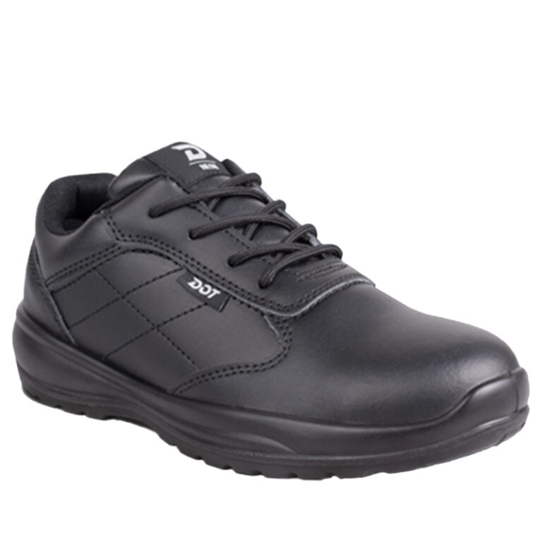 Black leather lace-up work shoe with padded collar and rugged sole