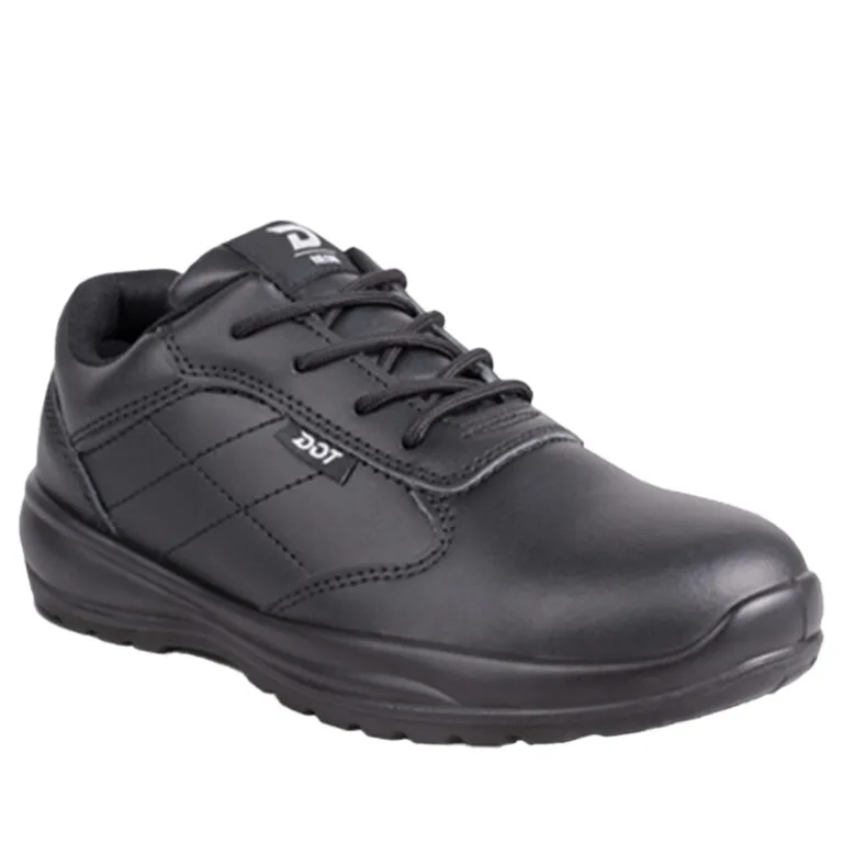 Black leather lace-up work shoe with padded collar and rugged sole