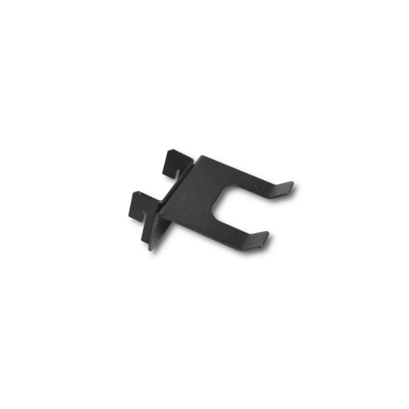 Black Metal Mounting Clip with a U Shaped Fork and Two Side Tabs