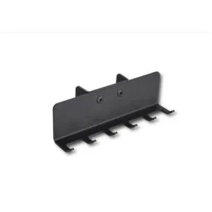 Black metal wall-mounted hook rack with six downward-facing hooks for organizing tools or accessories.