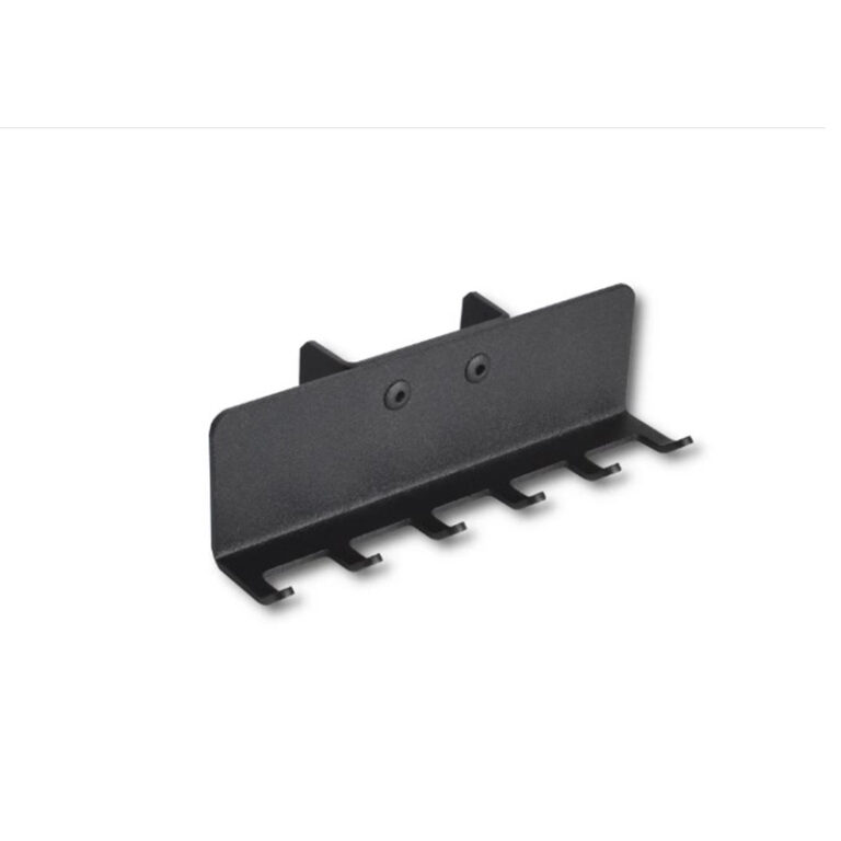 Black metal wall-mounted hook rack with six downward-facing hooks for organizing tools or accessories.