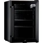 1 | Securadeal Black Compact Mini Fridge with Shelves and a Small Lock on the Bottom Open Door Showing Three Wire Racks