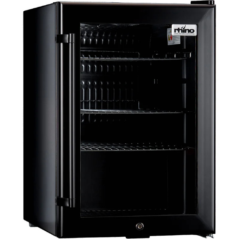1 | Securadeal Black Compact Mini Fridge with Shelves and a Small Lock on the Bottom Open Door Showing Three Wire Racks