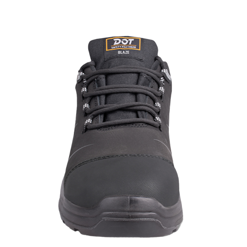 2 | Securadeal Front View of a Black Safety Boot with Laces Labeled Dot Blaze on the Tongue
