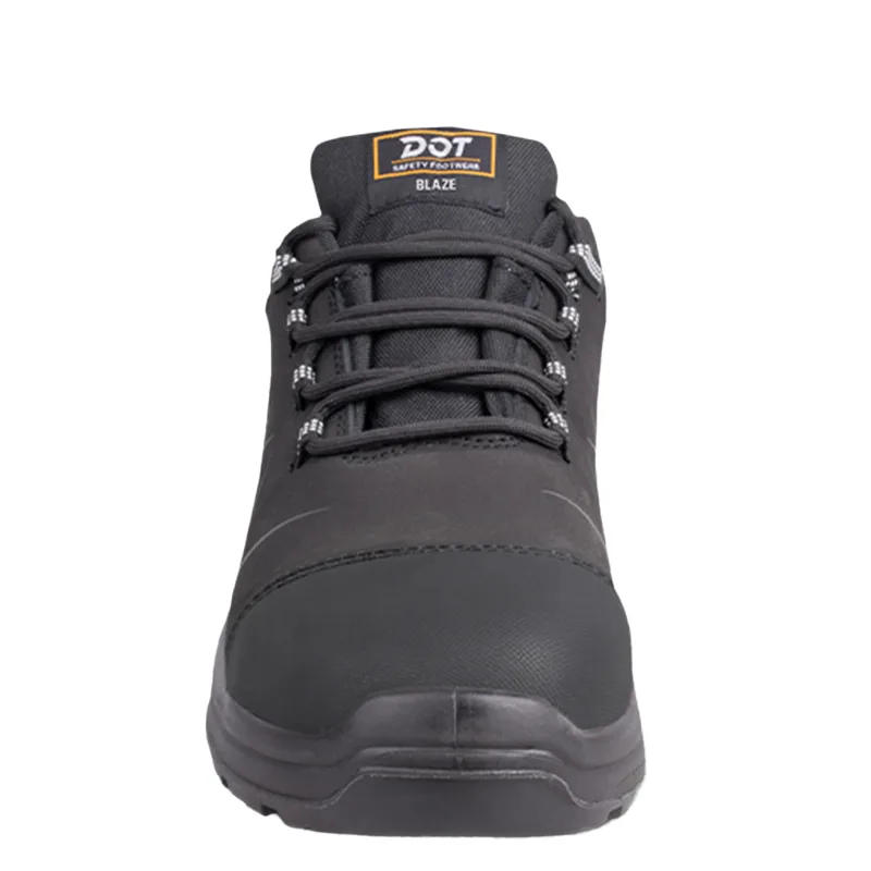 Front View of a Black Safety Boot with Laces Labeled Dot Blaze on the Tongue