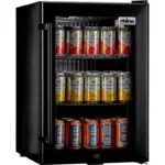 2 | Securadeal Small Black Beverage Mini fridge Open with Three Shelves of Assorted Canned Drinks Visible Inside
