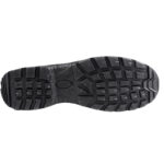 Black Rubber Shoe Sole with Deep Lug Tread Pattern Likely for Traction on Outdoor Surfaces at an Angle View