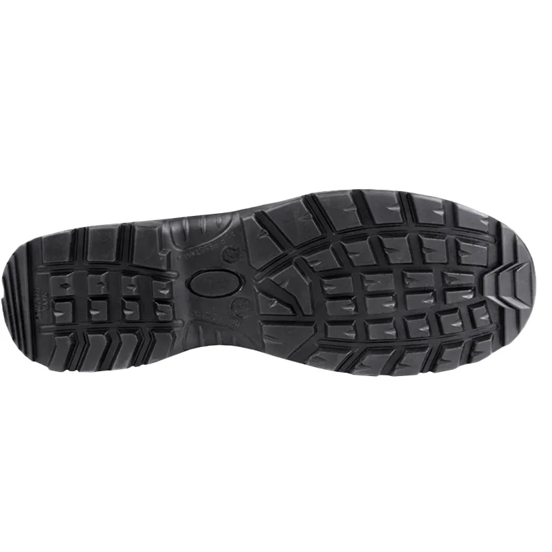 Black Rubber Shoe Sole with Deep Lug Tread Pattern Likely for Traction on Outdoor Surfaces at an Angle View