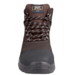 2 | Securadeal Front View of a Brown Safety Boot with a Black Toe Cap and Patterned Laces Tongue Label Reads Dot Safety Footwear Blaze