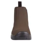 Front View of a Brown Leather Pull on Boot with a Black Sole and Visible Stitching Details
