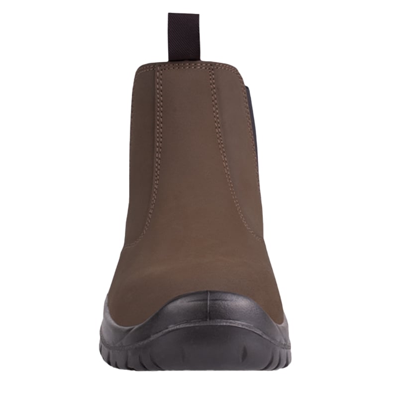 2 | Securadeal Front View of a Brown Leather Pull on Boot with a Black Sole and Visible Stitching Details