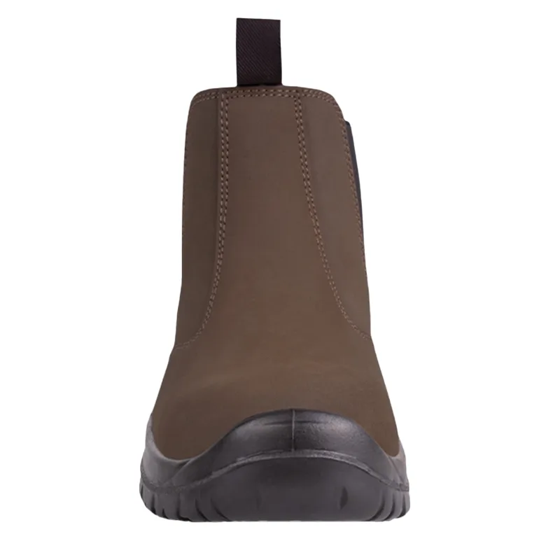 Front View of a Brown Leather Pull on Boot with a Black Sole and Visible Stitching Details