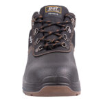 2 | Securadeal Front View of a Black Leather Safety Boot with Orange Stitching Laces and Metal Eyelets