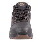 2 | Securadeal Front View of a Black Leather Safety Boot with Orange Stitching Laces and Metal Eyelets