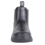 Front View of a Black Ankle Boot with a Reinforced Sole and Back Pull tab