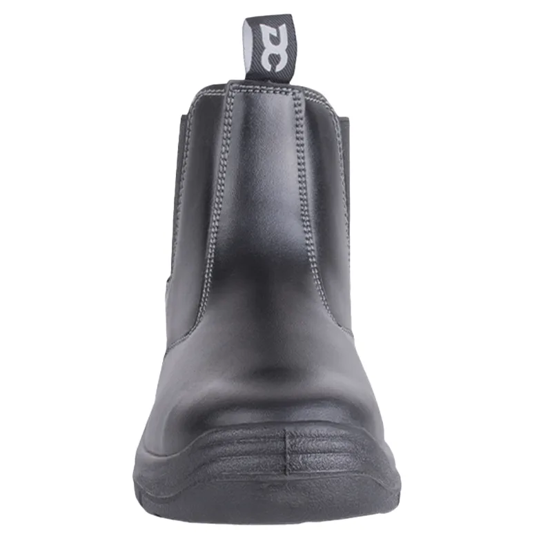 Front View of a Black Ankle Boot with a Reinforced Sole and Back Pull tab