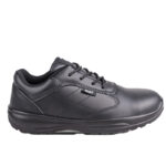 Black Leather Lace up Work Shoe with a Padded Collar and Cushioned Sole Side Tag Reads Dot