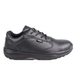 Black Leather Lace up Work Shoe with a Padded Collar and Cushioned Sole Side Tag Reads Dot