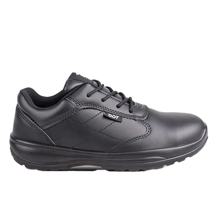 Black Leather Lace up Work Shoe with a Padded Collar and Cushioned Sole Side Tag Reads Dot