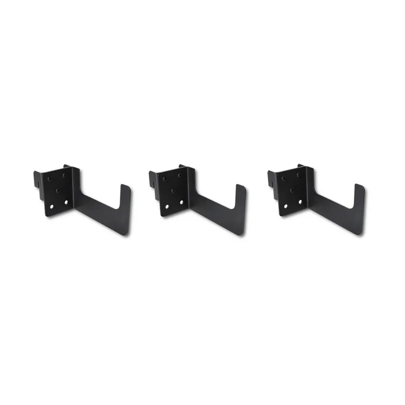 Three Black Metal L shaped Shelf Brackets with Mounting Plates and Screw Holes Arranged in a Row on a White Background