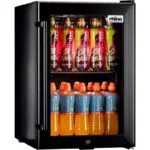 2 | Securadeal Black Compact Beverage Refrigerator Filled with Two Shelves of Colorful Juice Bottlesred Apple raspberry on the Top Shelf and Orange Drinks on the Bottom