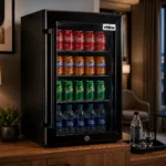 23142d98-bb2d-4e56-8854-b14160ac71c8 | Securadeal Hotel Minibar Stocked with Coca cola on Top Fanta Sprite and Bon Aqua Water Beneath Beside a Lamp and City View