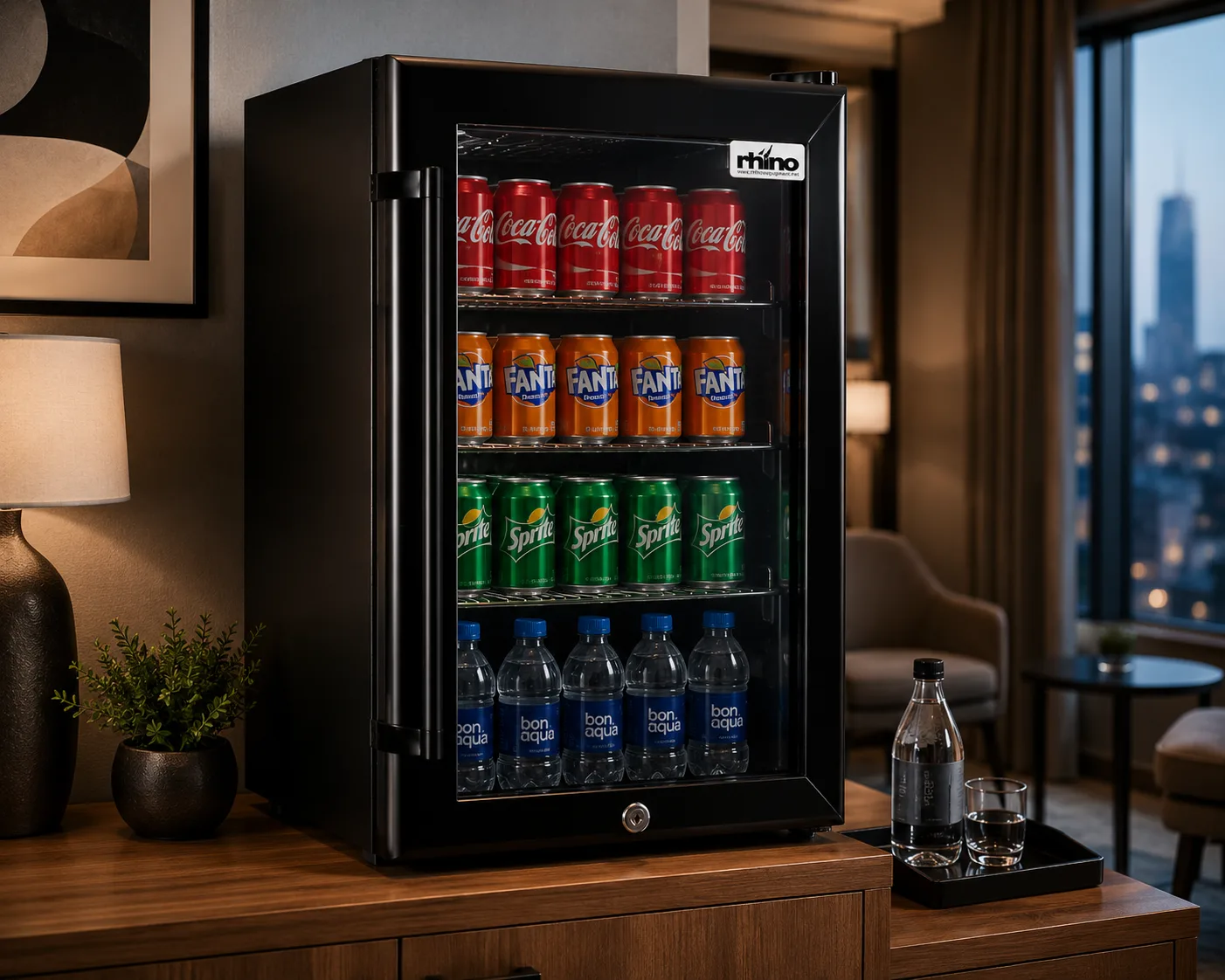 Hotel minibar stocked with Coca-Cola on top, Fanta, Sprite, and Bon Aqua water beneath, beside a lamp and city view.