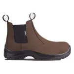 Brown Ankle Boot with Black Elastic Side Panel and Rugged Treaded Sole Pull Tabs at Front and Back