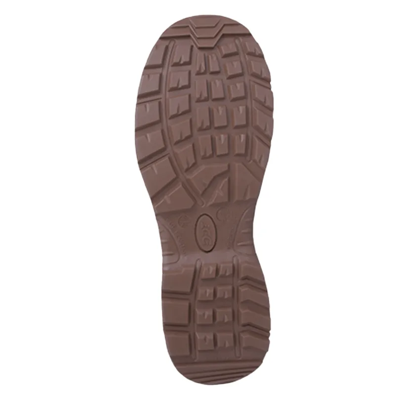 Brown Rubber Outsole of a Shoe Shown from the Bottom Featuring Rugged Multi directional Tread Blocks