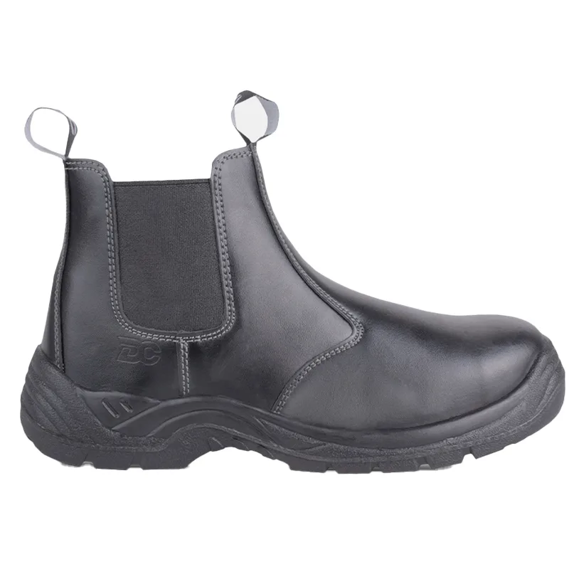 Black Leather Work Boot with Elastic Side Panels and Rugged Tread Sole Chelsea style Safety Boot
